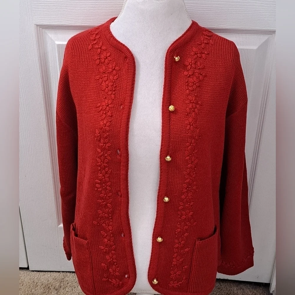 COPY - Vintage Crystal Kobe Red Knit Cardigan With Embroidered Flowers Size XL